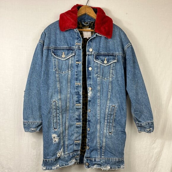 Zara Jackets & Blazers - Zara TRF Denim Wear Distressed Long Jacket Womens Small S Slouchy Punk Faux Fur‎